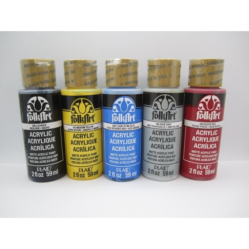 Lot of 5 New Sealed Folkart Acrylic Yellow/Black/Gray/Red/Blue Paint